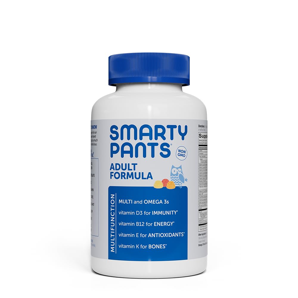 SmartyPants Plus Multi & Omegas Men and Women's Multivitamin Gummies with Omega 3 DHA/EPA, Vitamin D3, C, B12, B6, A, K, Zinc, Biotin, Clean Label, Three Fruit Flavors, 90 Count (30 Day Supply)