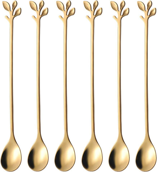AnSaw 6-Piece Elegant Gold Leaf Long Handle Teaspoons - 7.4"