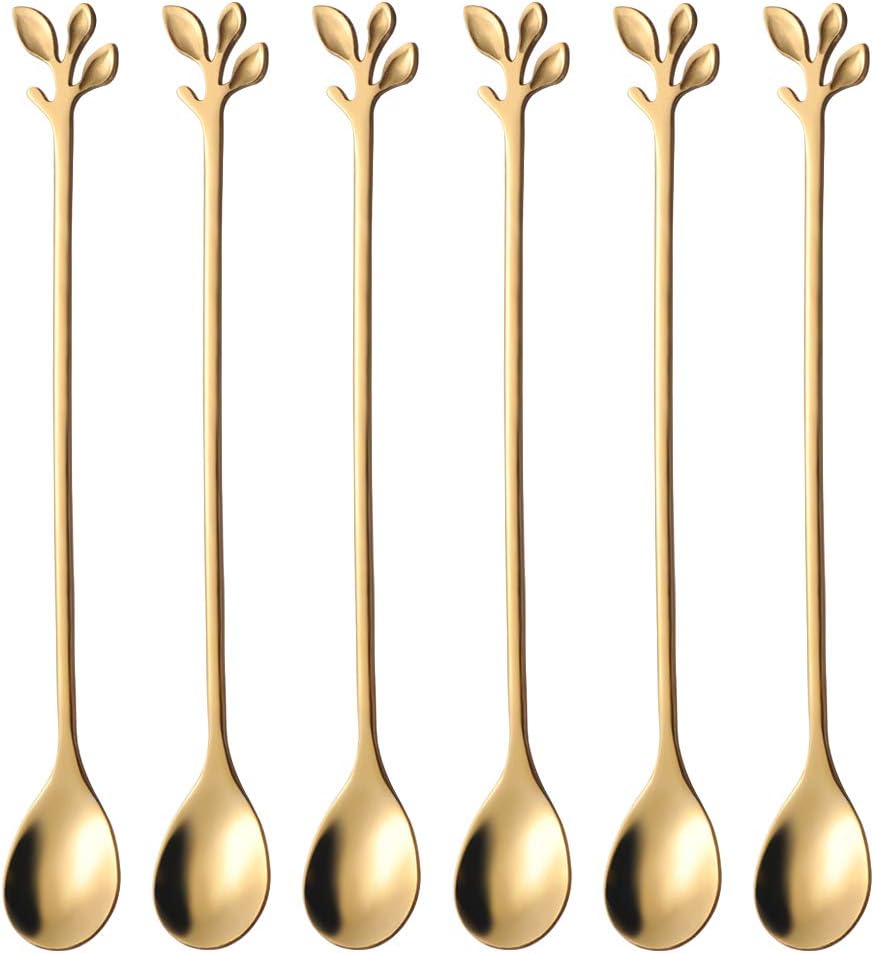 AnSaw 6-Piece Elegant Gold Leaf Long Handle Teaspoons - 7.4"