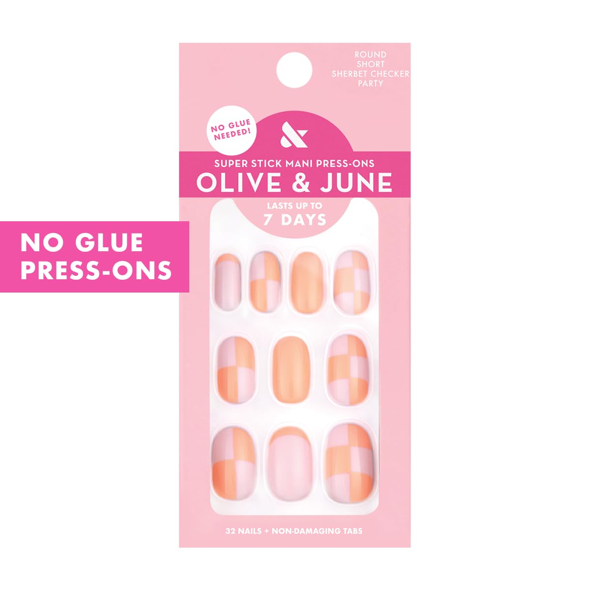 Olive & June Super Stick Press-On Nails, Lollipop Cherry Red, Short, Round | No glue needed; 32 non-toxic tab nails in 16 sizes, easy on-off, non-damaging, 7-day wear; salon-quality mani at home