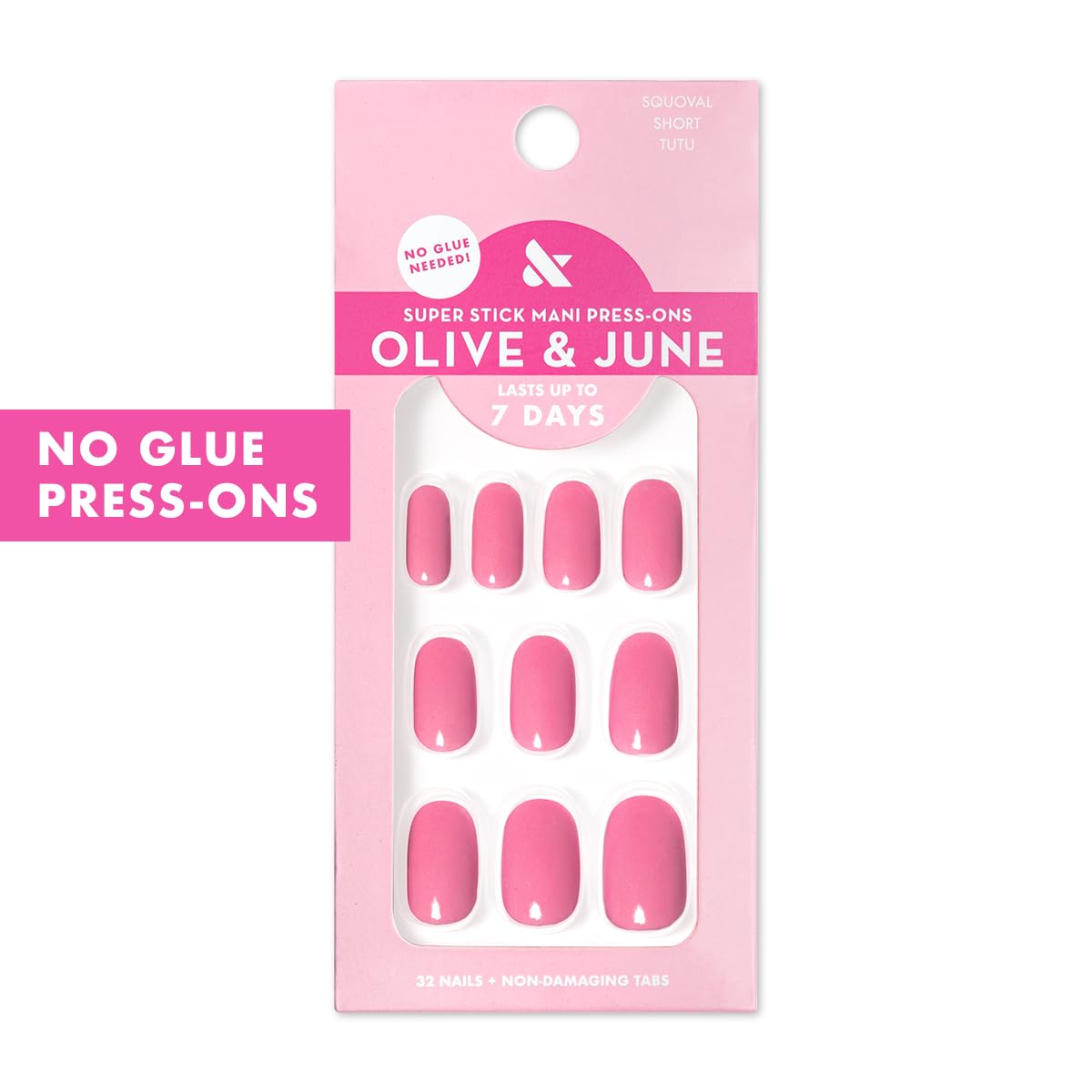 Olive & June Super Stick Press-On Nails, Taffy Bright Pink, Short, Round | No glue needed; 32 non-toxic tab nails in 16 sizes, easy on-off, non-damaging, 7-day wear; salon-quality mani at home