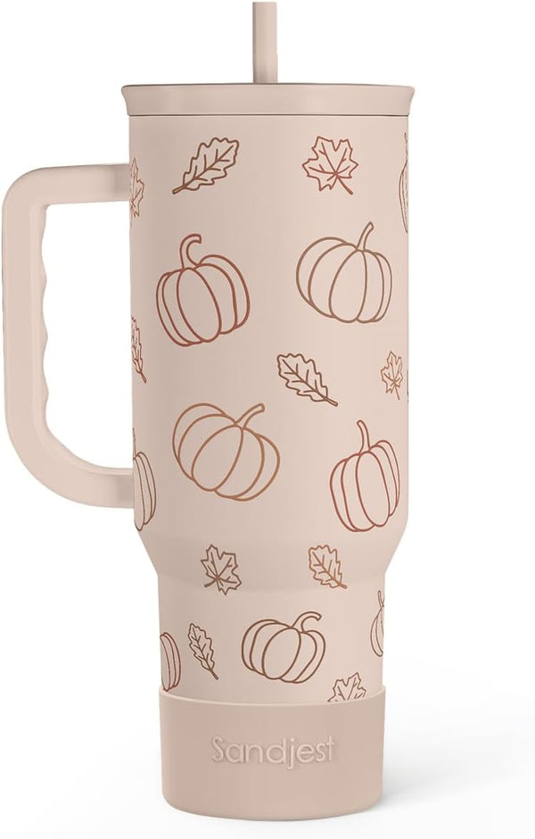 SANDJEST Pumpkin Tumbler with Handle and Straw 40oz – Stainless Sleel Slider Tumbler Travel Coffee Mug for Women - Gift Idea for Fall Autumn Halloween