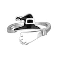 Halloween Black Witch Hat Ghost Band Rings for Women Silver Plated Adjustable Pumpkin Broom Witch Open Wrap Finger Ring Expandable Comfort Fit Fashion Holiday Jewelry for Theme Party