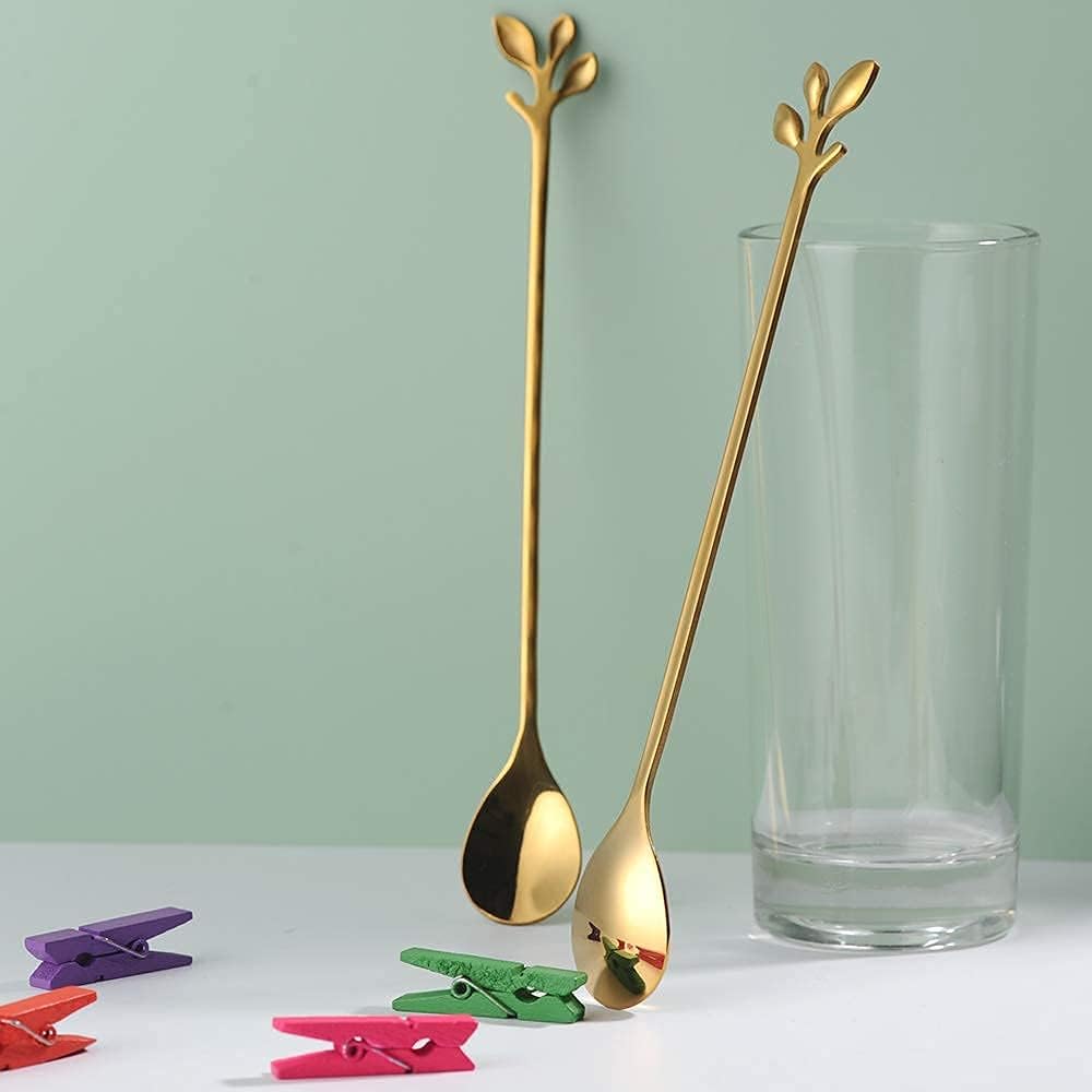 AnSaw 6-Piece Elegant Gold Leaf Long Handle Teaspoons - 7.4"