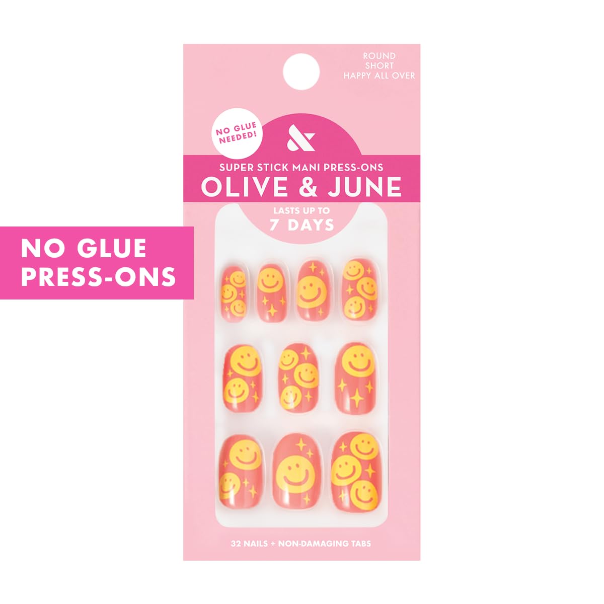 Olive & June Super Stick Press-On Nails, Gelato Pink, Short, Round | No glue needed; 32 non-toxic tab nails in 16 sizes, easy on-off, non-damaging, 7-day wear; salon-quality mani at home