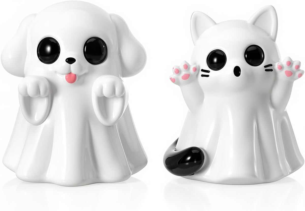 2Pcs Halloween Dog Cat Ghost Resin Figurines Statues Cute Spooky