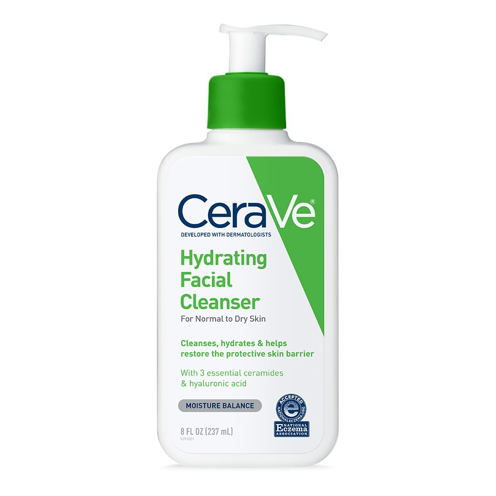 CeraVe Hydrating Facial Cleanser, Moisturizing Face Wash For Dry Skin, Hyaluronic Acid + Ceramides + Glycerin, Hydrating Cleanser For Normal To Dry Skin, National Eczema Association Certified, 16 Oz