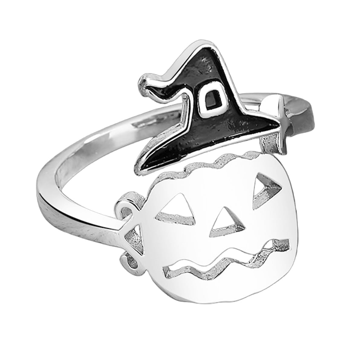 Halloween Black Witch Hat Ghost Band Rings for Women Silver Plated Adjustable Pumpkin Broom Witch Open Wrap Finger Ring Expandable Comfort Fit Fashion Holiday Jewelry for Theme Party