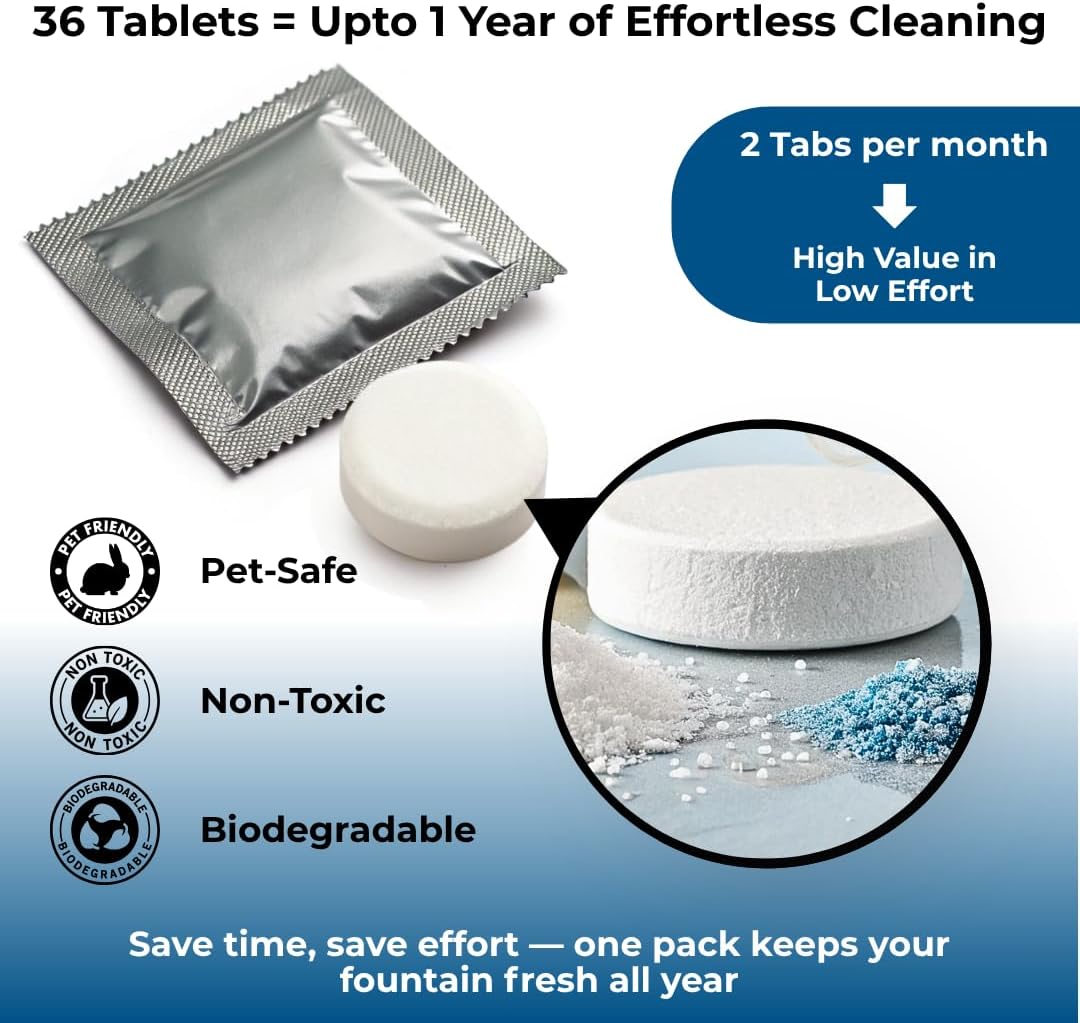 Skyis Pet Fountain Cleaner Tablets 36-Pack Cat & Dog Water Fountain Cleaning Kit Removes Limescale, Mineral Buildup & Biofilm All Brands Compatible Pet-Safe 1 Year Supply