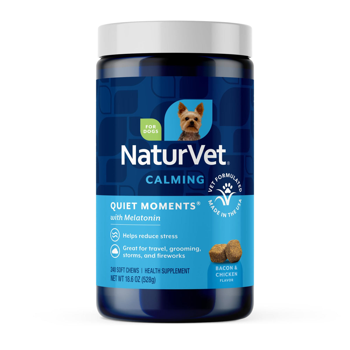 NaturVet Quiet Moments Calming Dog Supplement, Dog Soft Chews with Melatonin to Help Reduce Stress from Storms, the Vet, Fireworks, and Travel, Bacon and Chicken Flavored Pet Supplement, 180 Count Jar