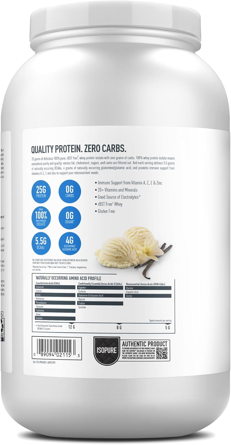 Isopure Zero Carb 100% Pure Whey Isolate Protein Powder, Gluten Free, with Vitamins, Creamy Vanilla, 25g Protein Per Serving, 3 Lbs, 44 Servings (Packaging May Vary)