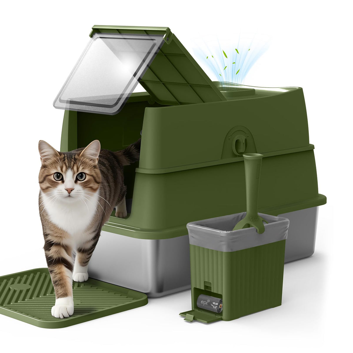 Stainless Steel Litter Box with Lid | Extra Large Enclosed Cat Litter Box for Big Cats | High Sided Metal Litter Boxes | 100% Anti-Urine Leakage | Odor Control | Non-Stick with Litter Scoop Set & Mat