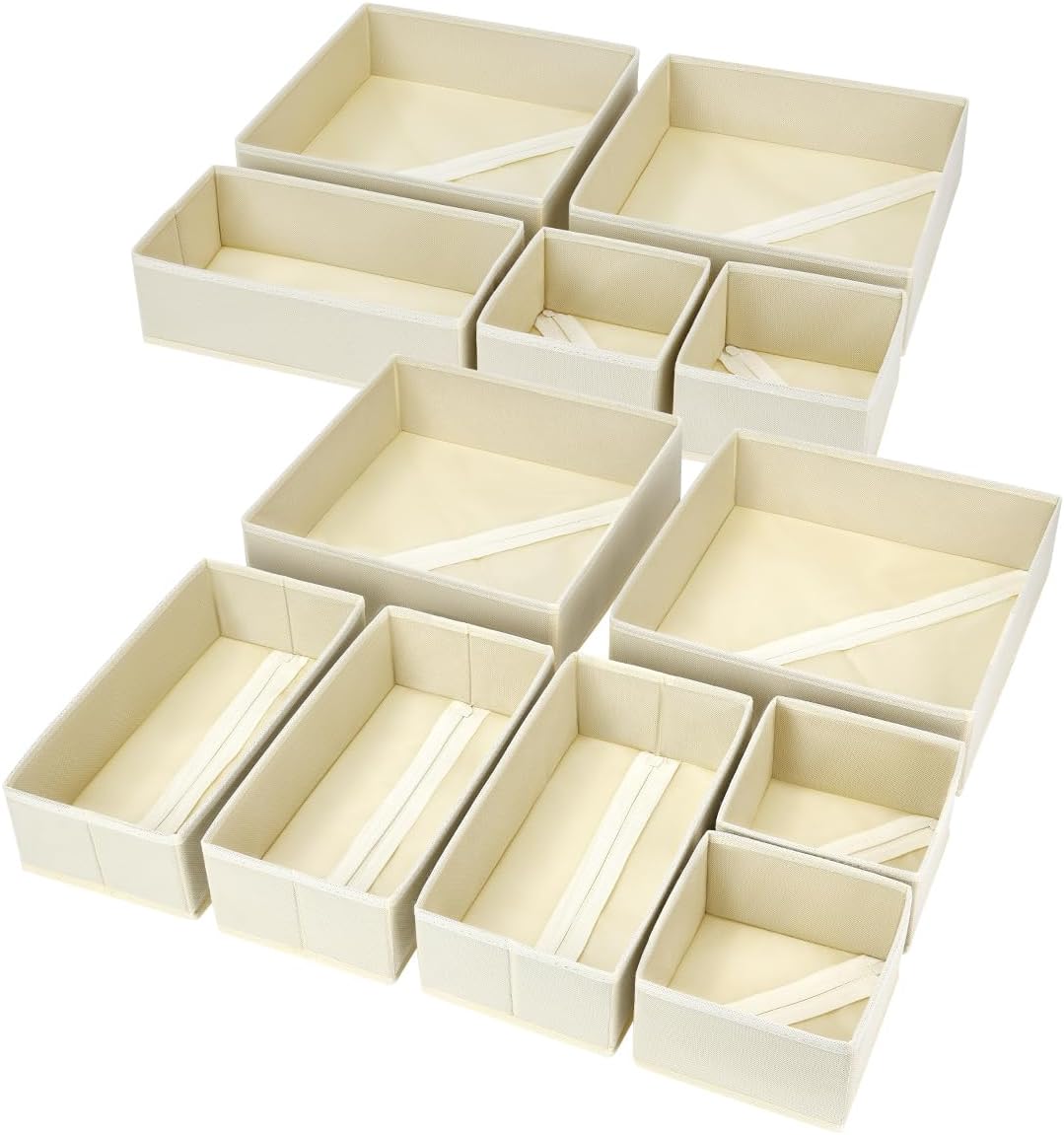 DIMJ Drawer Organizer Clothes, 12 Pack Dresser Organizer, Foldable Closet Organizers and Storage, Fabric Dresser Bins, Drawer Dividers for Nursery, Baby Clothes, Underwears, Sock (Beige)