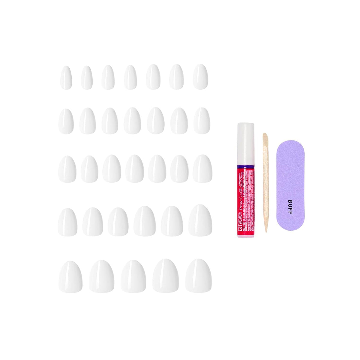 Kiss Core, Press On Nails, Nail glue included, 'Lyrical', White, Short Size, Almond Shape, Includes 32 Nails, 2g Glue, 1 Manicure Stick, 1 Mini File