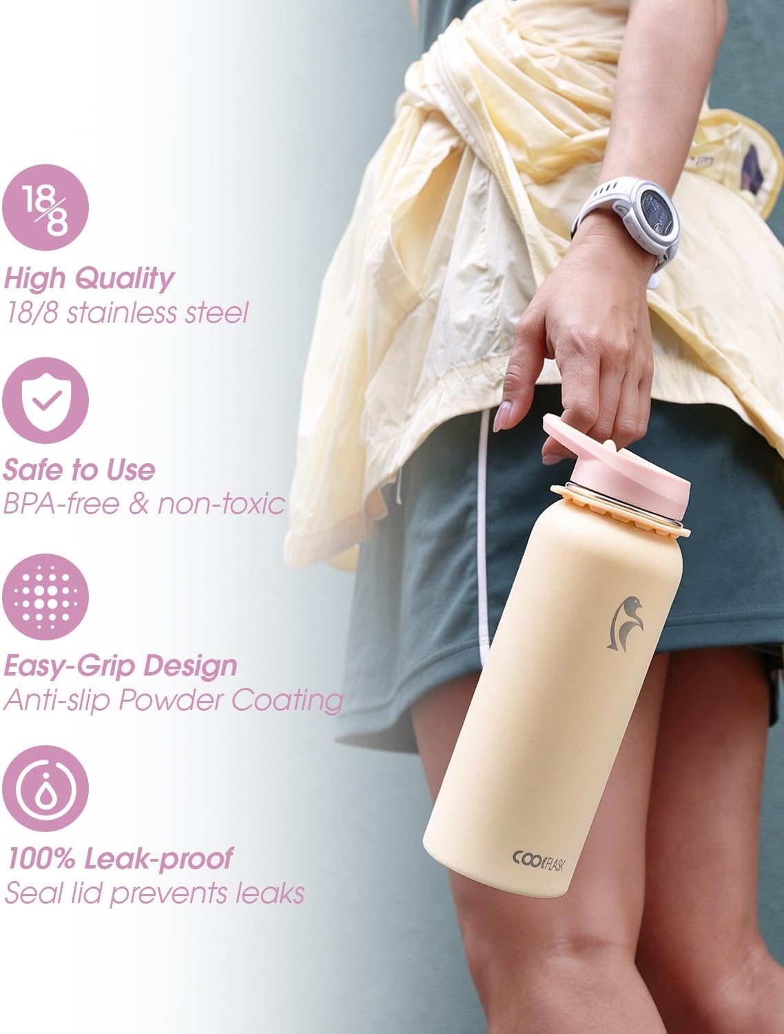Coolflask Water Bottle with Straw, 40 oz Insulated Metal Water Flask with Straw & Spout Lids, Stainless Steel Double Wall Vacuum, Keep Cold 48h Hot 24h, Leak Proof, BPA-Free, Apricot Pink