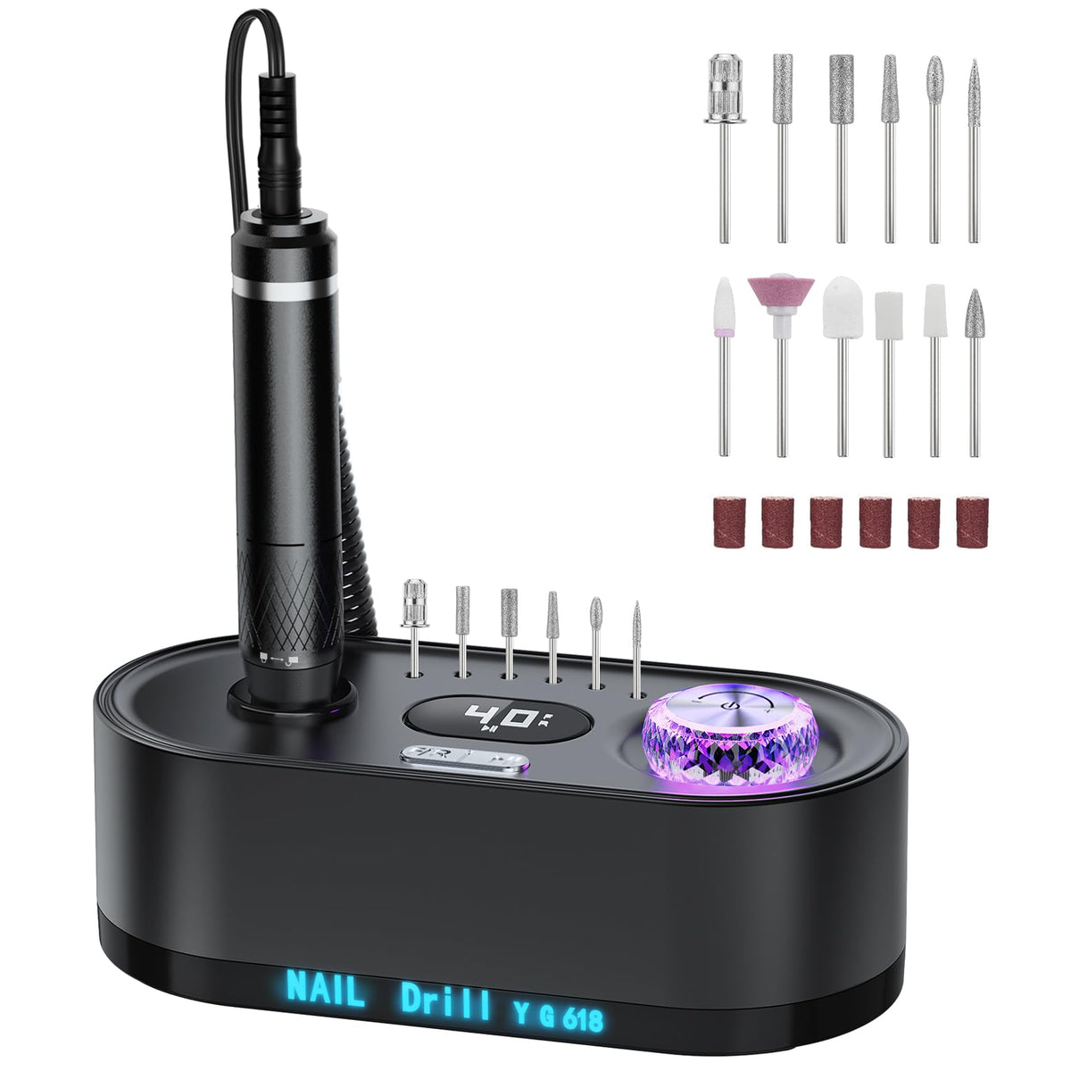JOSGLOI 40000RPM Electric Nail File Drill Professional Kit, Drill Machine with LCD Display, Manicure Pedicure Polishing Acrylic Gel Nail Grinder for Salon, Home Use