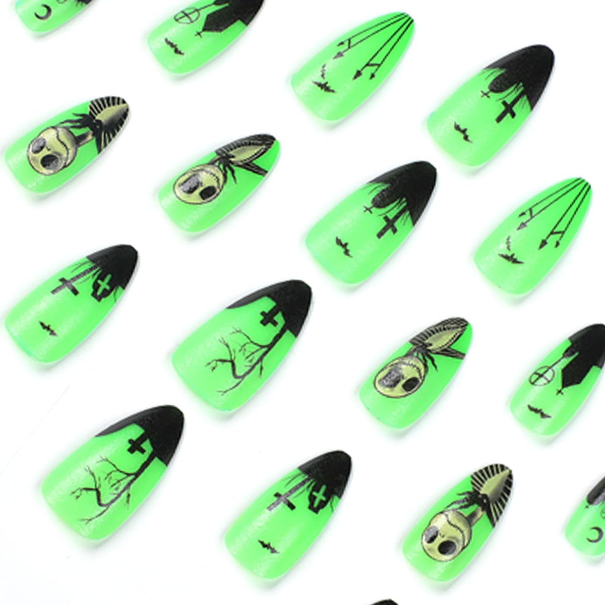Halloween Press on Nails Medium Almond MABKJLF Fake Nails Glow in The Dark Full Cover Nightmare Christmas False Nails Glossy Glue on Nails Artificial Acrylic Nails for Women Girls 24 Pcs