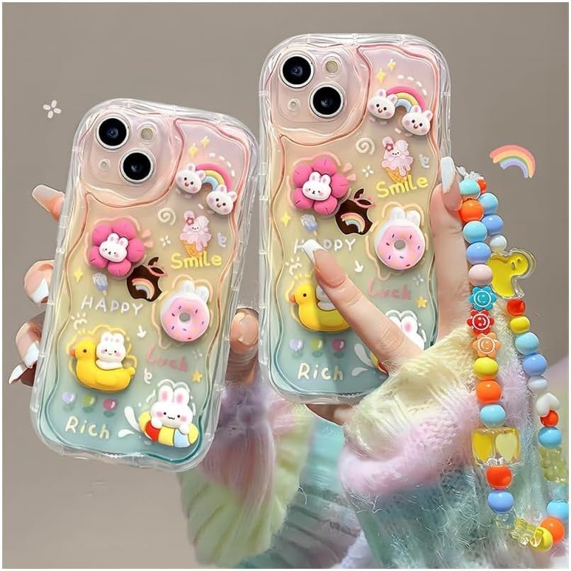 Designed for iPhone Case,Cute Rainbow Rabbit Duck Kawaii Cartoon Animal Wristband Strap Bracelet Chain Soft Shockproof Cover Phone Case (Pink,iPhone 15)