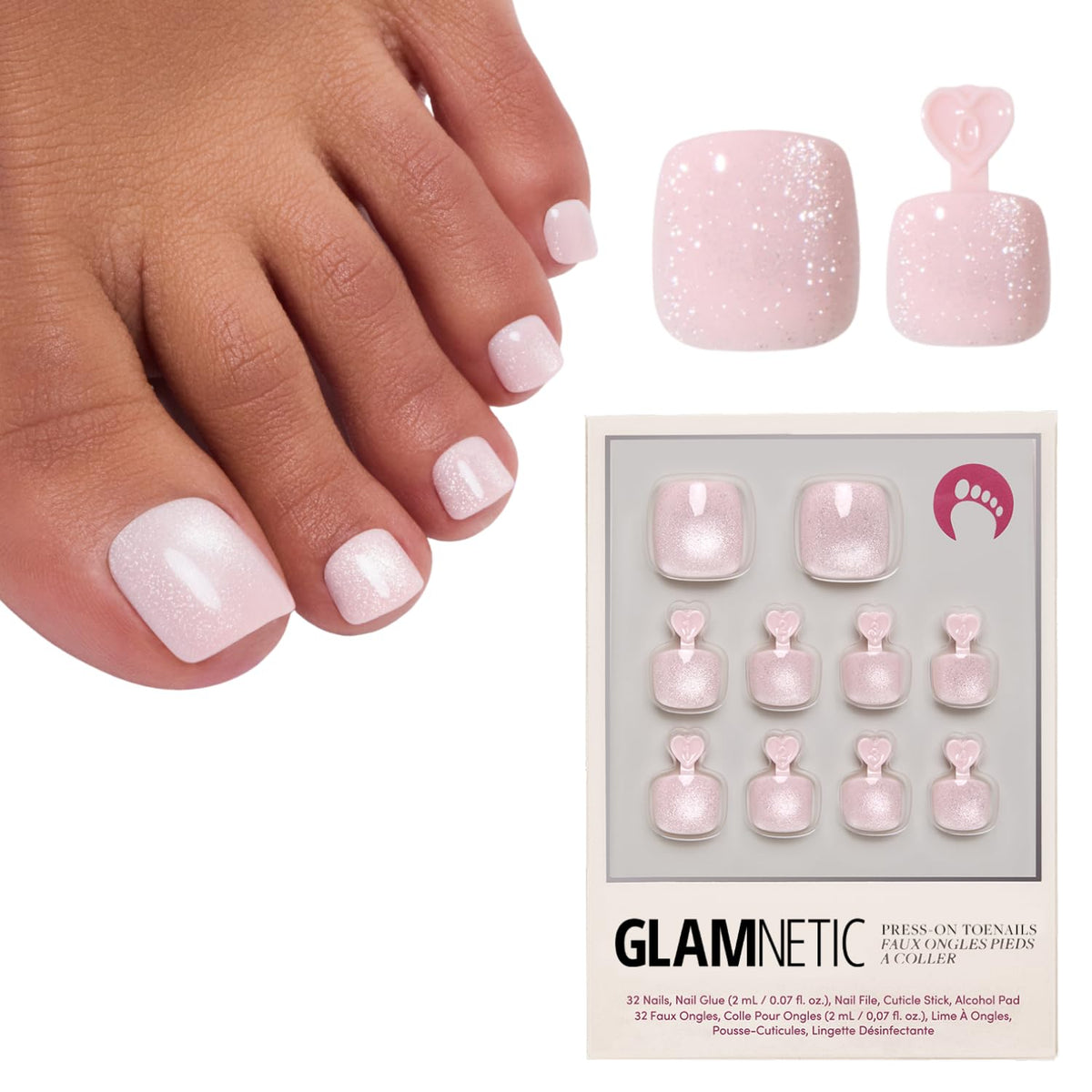Glamnetic Press On Toenails - Natural Fake Nails | Cherry Red Chrome Press On Toenails, Salon Quality Press On Nails Kit with Glue | Cherry Glaze - 32 Nail Set in 16 Sizes