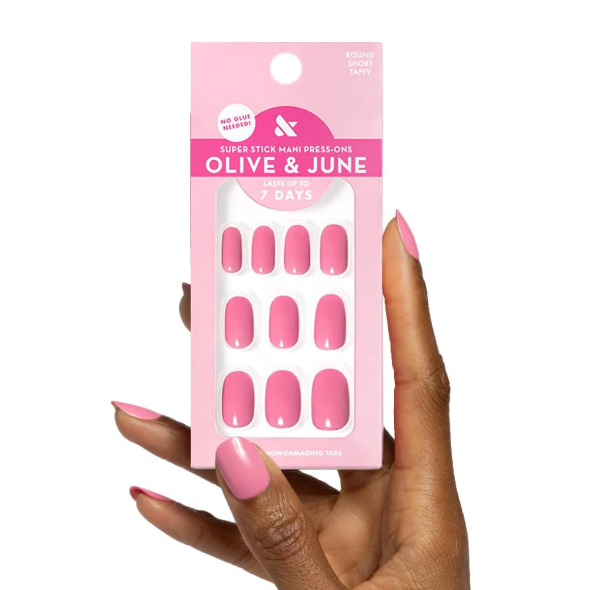 Olive & June Super Stick Press-On Nails, Taffy Bright Pink, Short, Round | No glue needed; 32 non-toxic tab nails in 16 sizes, easy on-off, non-damaging, 7-day wear; salon-quality mani at home