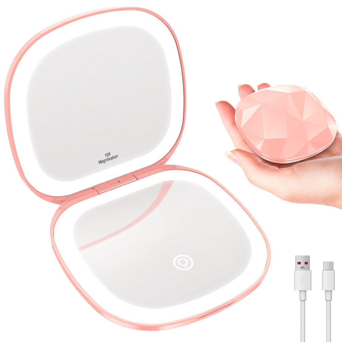 Travel Makeup Mirror with Light, 10X/1X Magnifying Compact Mirror for Purse, Portable Double Sided Folding Pocket Size, Dimmable LED & USB Rechargeable(Rose Gold)