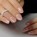 CurvLife Short Oval Chrome Nude Press On Nails, Champagne Pearl, Soft Gel | 32PCS 16 Sizes, Salon-Quality Natural Fake Nails, Curved Fit, 7-14 Day Glue-On Wear, Reusable Stick-On Nails, Press-On Kit