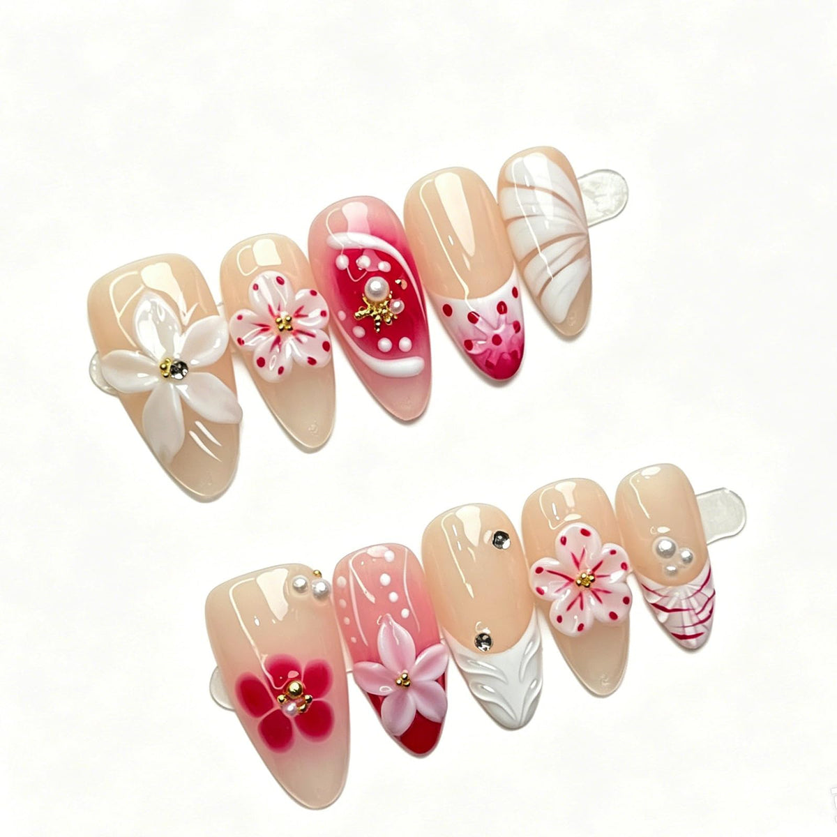 Luxury Handmade Press on Nails - Long Square White French Tips Press on Nail with Almond 3D Rhinestones, Flowers & Butterflies, Acrylic Multi-Layer Gel False Nails for Women (10Pcs Size M)