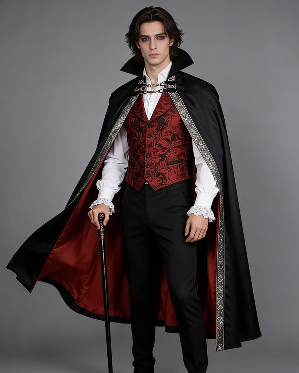 L'VOW Gothic Vampire Cape with Stand-Up Collar Medieval Red Lined Cloak