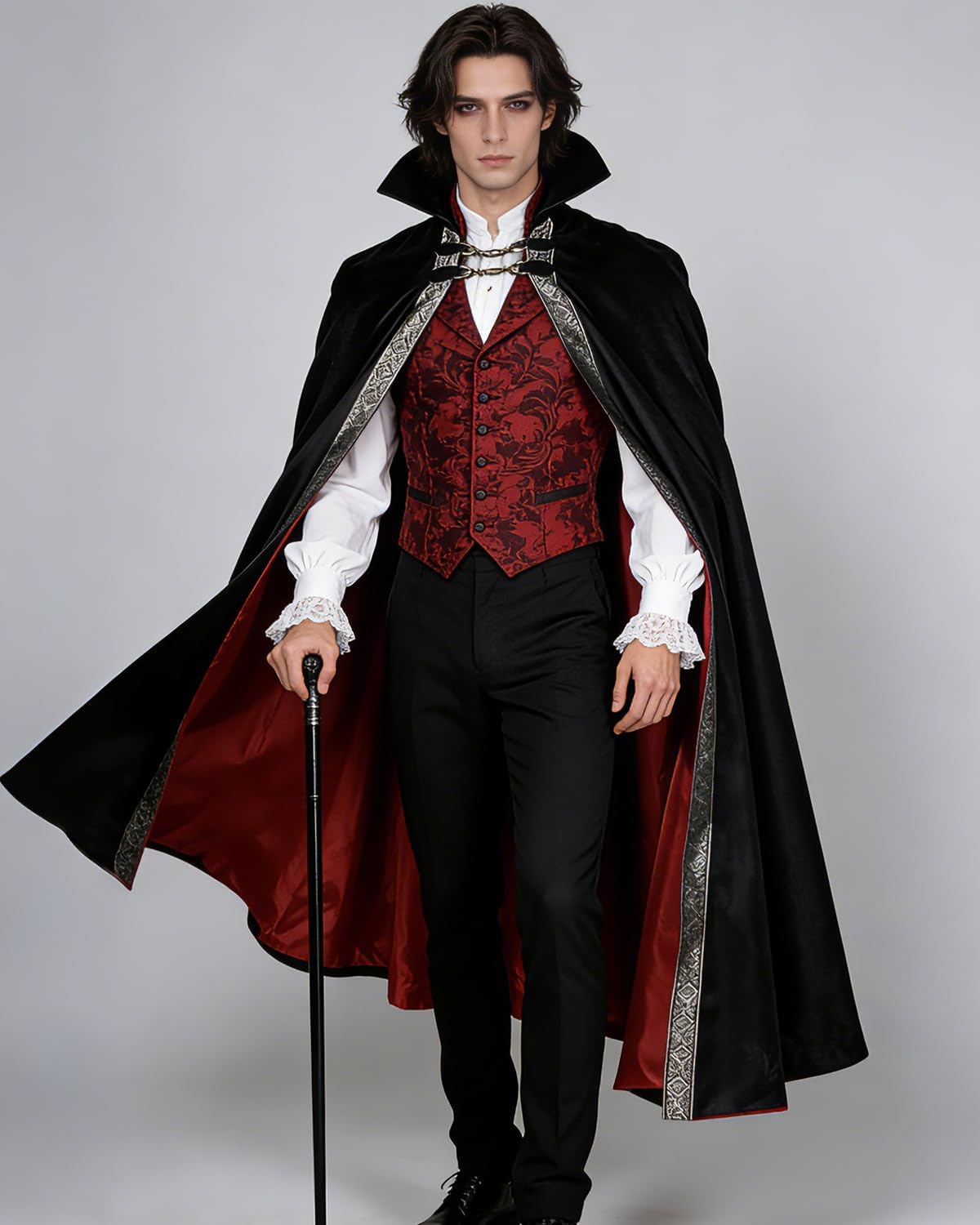 L'VOW Gothic Vampire Cape with Stand-Up Collar Medieval Red Lined Cloak