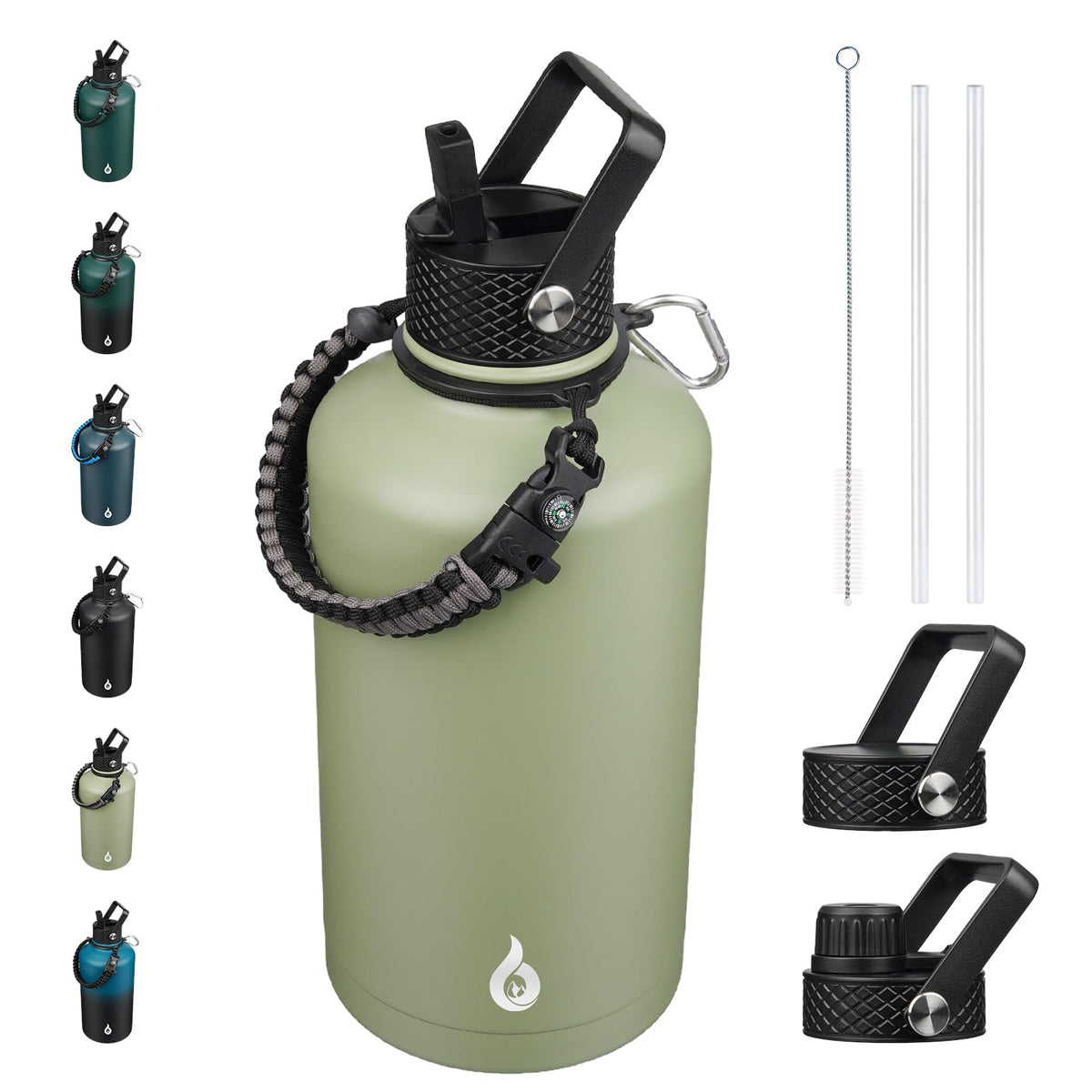 BJPKPK Half Gallon Insulated Water Bottles with Straw Lid & Side Handle, 64oz Large, Stainless Steel Water Bottles with 3 Lids and Paracord Strap, Metal Water Jug,Black