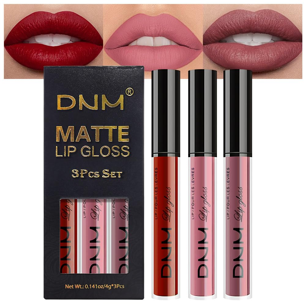 evpct 3Pcs Dark Ruby Fire Red Matte Liquid Lipstick Lip Stain Lipgloss sets for Women 24 Hour Red Matte Lipstick Long Lasting Smudge Proof