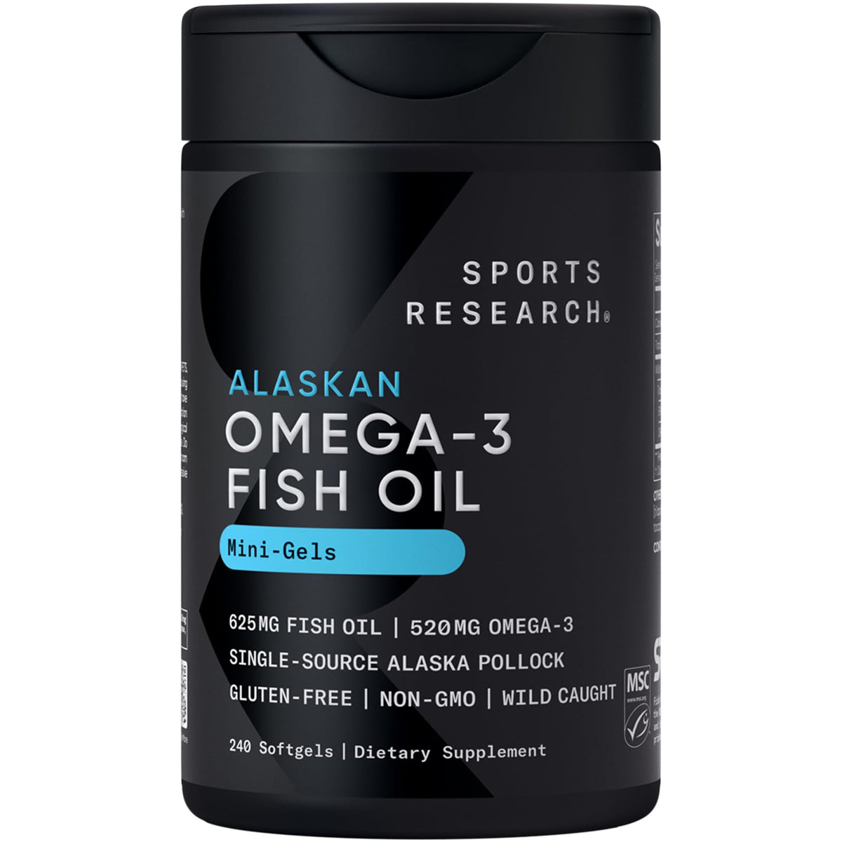 Sports Research® Omega-3 Fish Oil 1250 - Triple Strength Fish Oil Supplement from Wild Alaska Pollock - MSC Certified Sustainable · Non-GMO · Soy Free - 180 Softgel Capsules