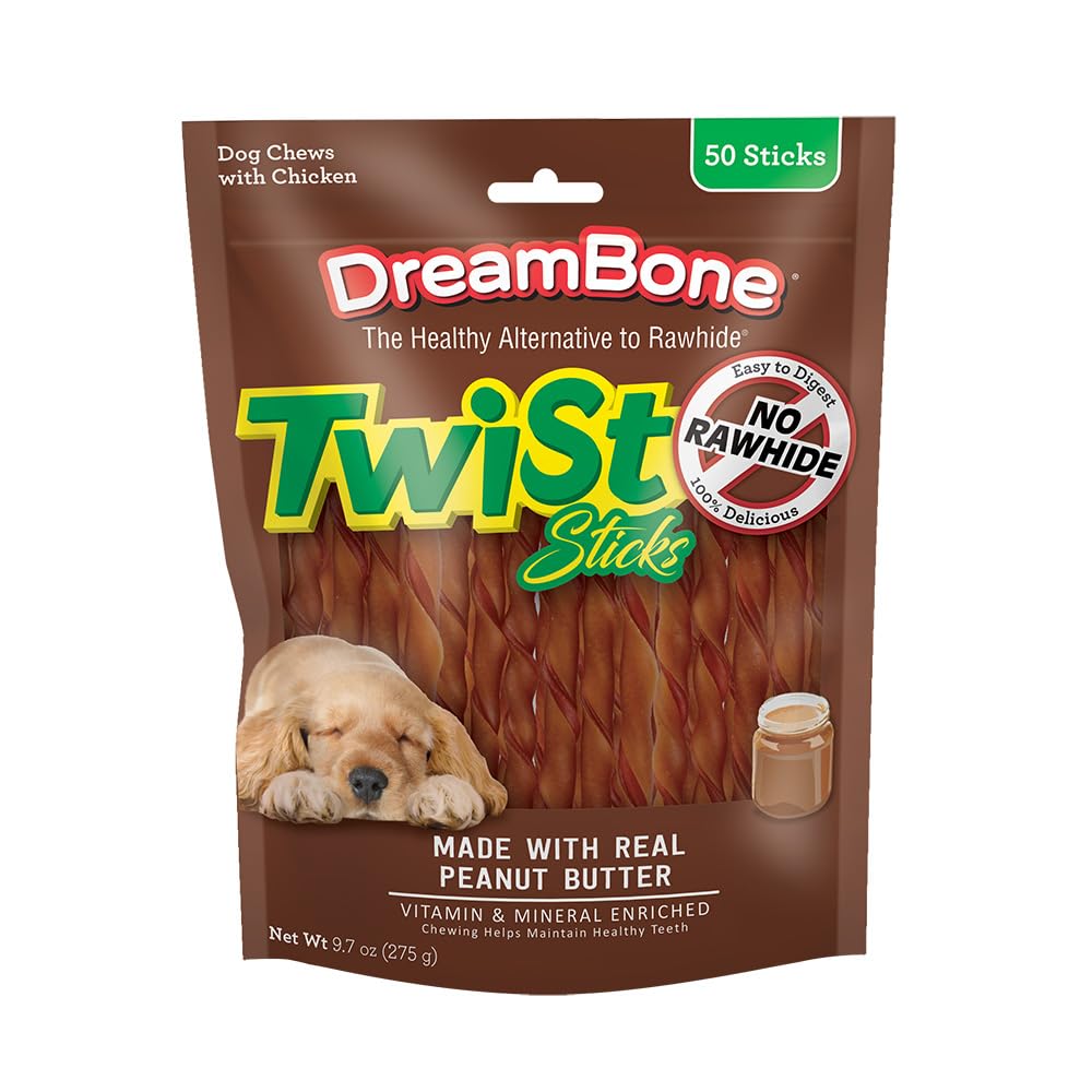 DreamBone Chicken Wrapped Twist Stick Dog Treats, Daily Rawhide-Free Chew, Digests Safely and Completely, With Real Protein, Chicken and Veggies, 50 count