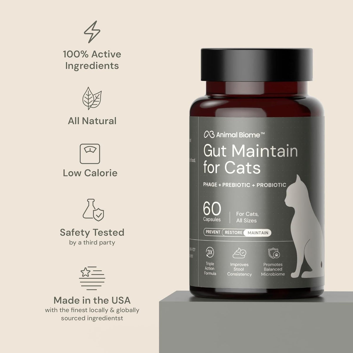 AnimalBiome NEW Probiotics for Cats with S Boulardii (30 Capsules) KittyBiome - Gut Maintain Triple-Action Phage, Prebiotics & Probiotic Cat Supplements for Digestive Health, Open for Easy Food Topper