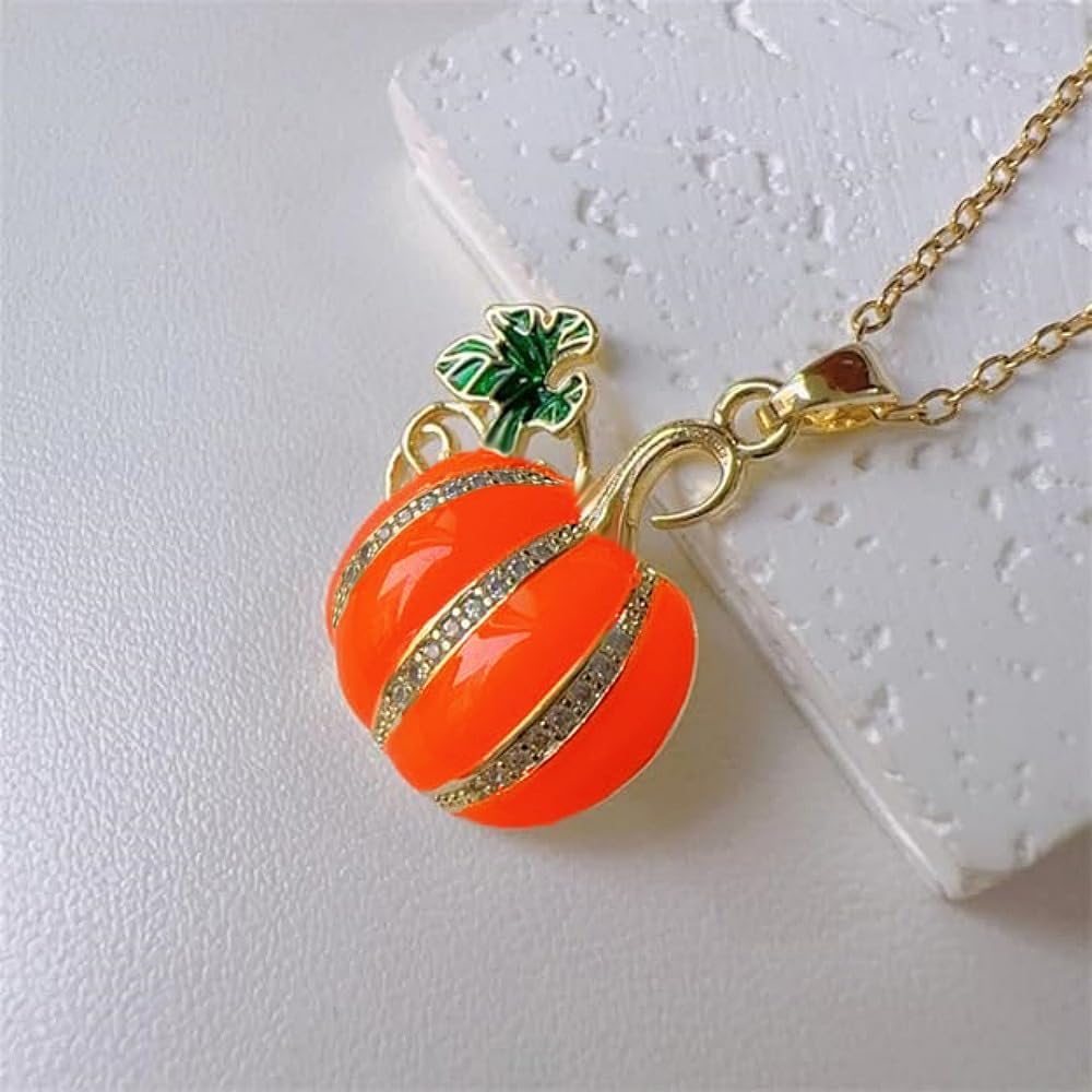 Dtja Rhinestone Pumpkin Pendant Necklace for Women Gold-Tone Fashion Enamel Halloween Thanksgiving Green Leaf Charms Link Chain Adjustable Cute Fall Holiday Festival Jewelry Gift Souvenir 18"