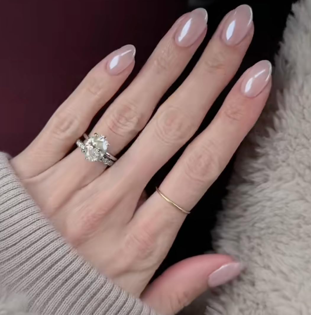 CurvLife Short Oval Chrome Nude Press On Nails, Champagne Pearl, Soft Gel | 32PCS 16 Sizes, Salon-Quality Natural Fake Nails, Curved Fit, 7-14 Day Glue-On Wear, Reusable Stick-On Nails, Press-On Kit