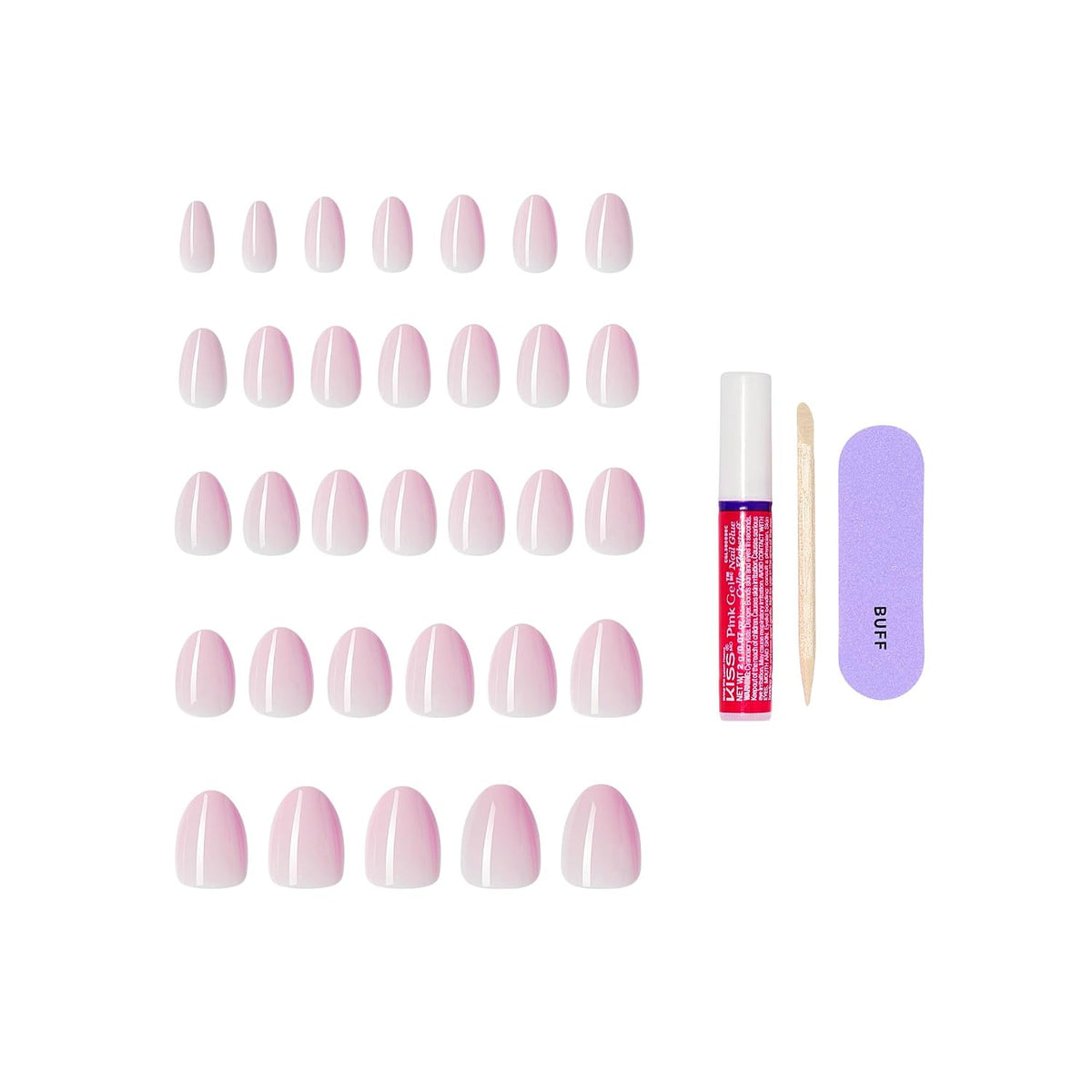 Kiss Core, Press On Nails, Nail glue included, 'Euphonious', Pink, Short Size, Almond Shape, Includes 32 Nails, 2g Glue, 1 Manicure Stick, 1 Mini File