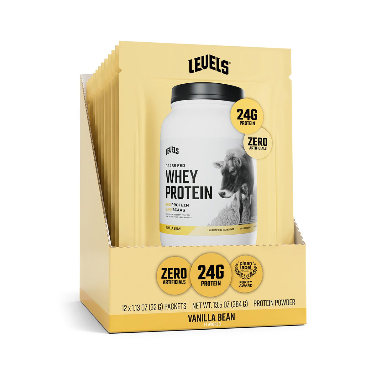 Levels Whey Protein Powder, No Artificial Ingredients, Vanilla Bean, 2LB | 24G of protein and 5.4G BCAAs per scoop, made with hormone-free dairy, zero junk, no fillers, no added sugar, certified clean