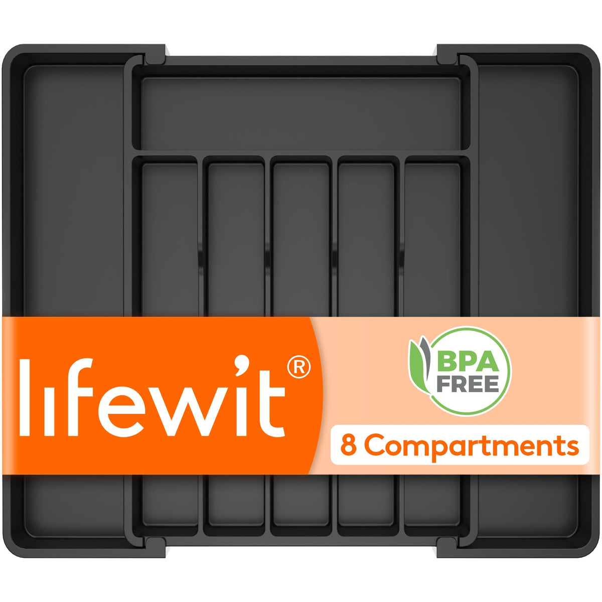 Lifewit Expandable Silverware Organizer, Plastic Utensil Tray for Kitchen Drawer, BPA Free Flatware Cutlery Holder, Space-Saving Storage for Spoons Forks Knives, 8-13.8 x 11.2 x 1.4 inch, Black