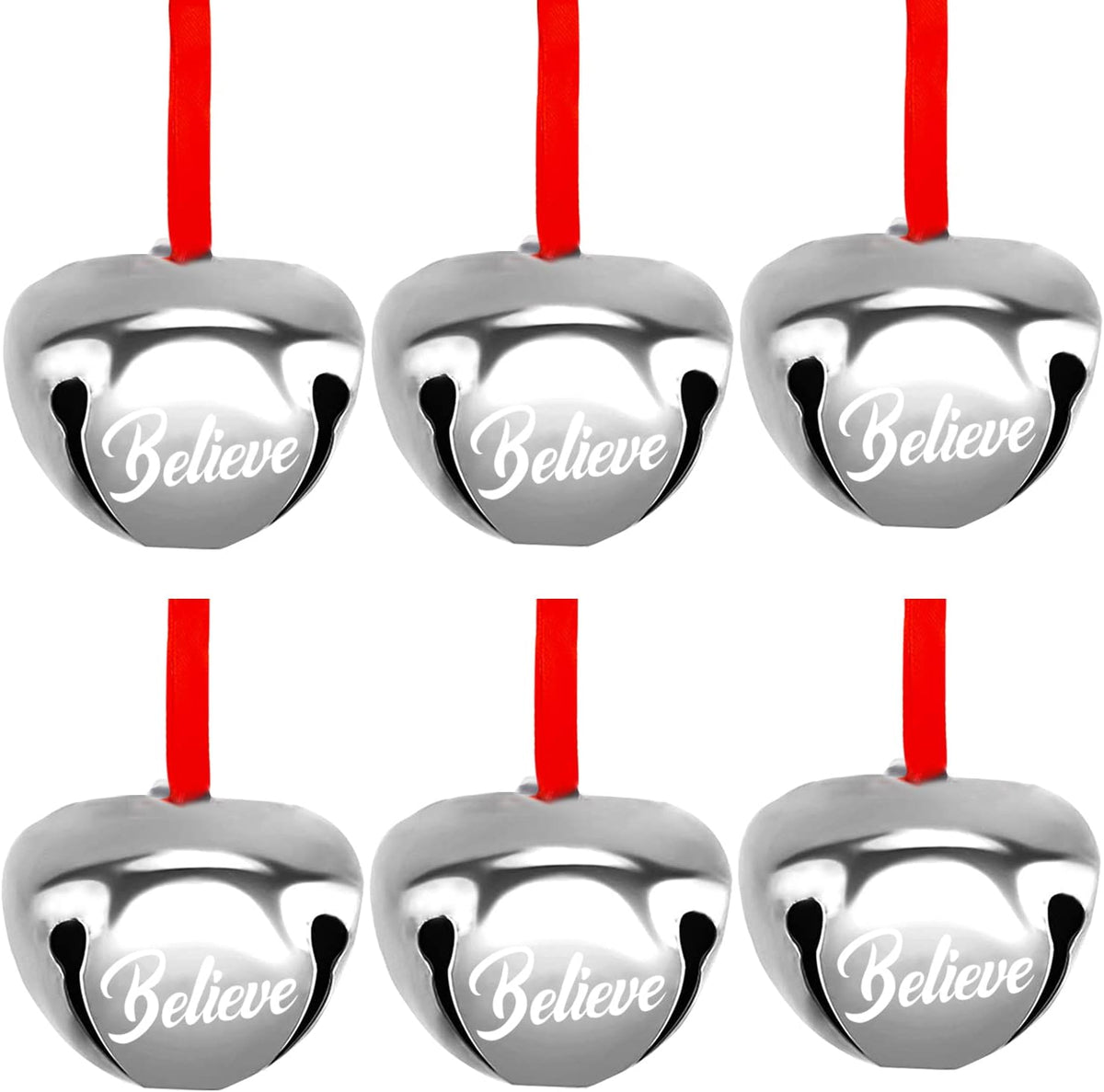 FOIMAS 12pcs 1.6 Inch Believe Bell Ornament Metal Christmas Sleigh Bells with Red Ribbon for Christmas Tree Holiday Decoration,Silver