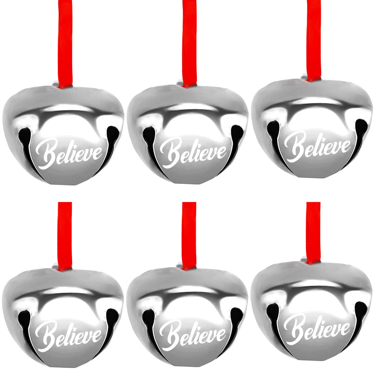 FOIMAS 12pcs 1.6 Inch Believe Bell Ornament Metal Christmas Sleigh Bells with Red Ribbon for Christmas Tree Holiday Decoration,Silver