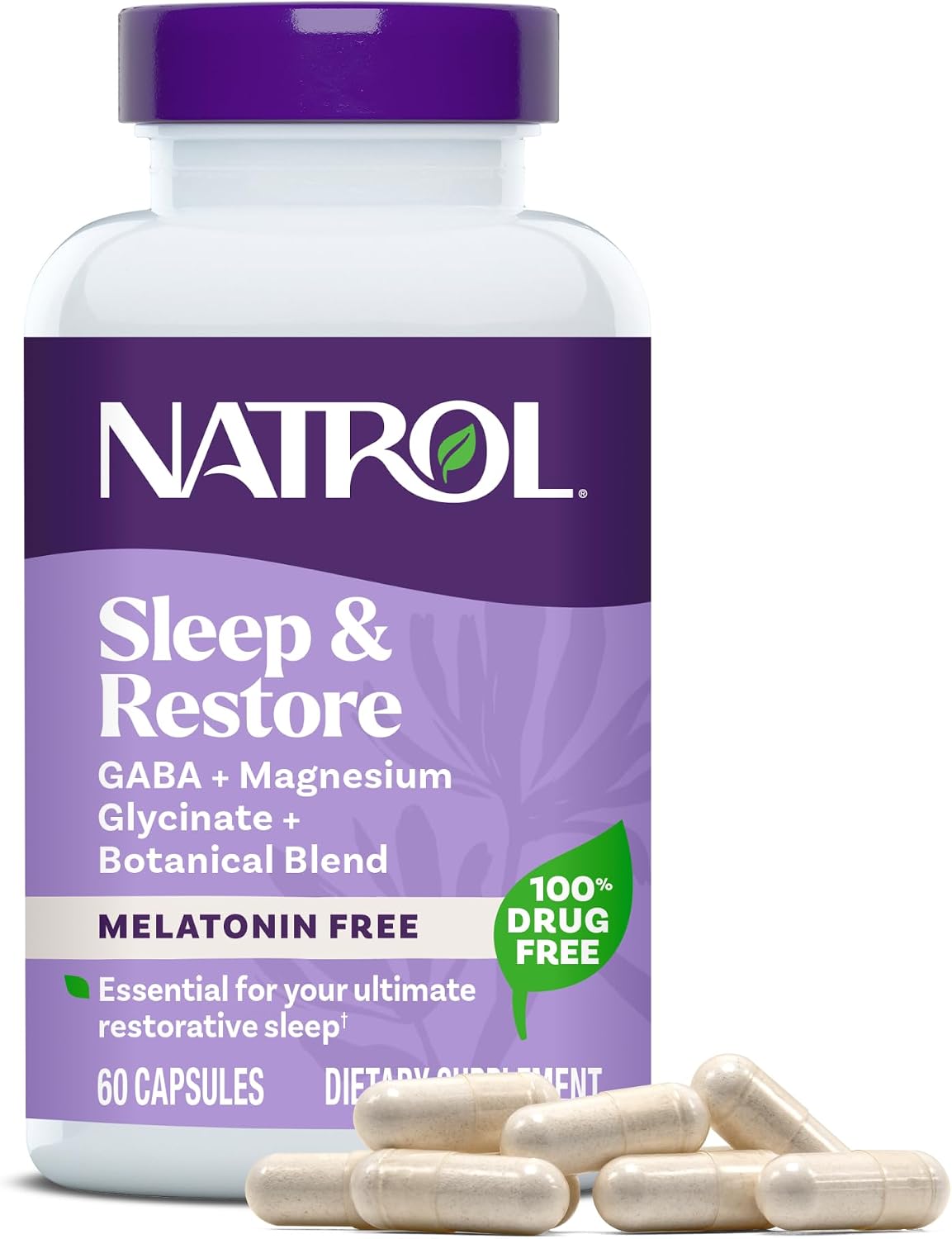 Natrol Sleep & Restore Magnesium Glycinate 100 mg, Melatonin-Free, 60 Count | Melatonin-Free Capsules, Nightitme Sleep-Aid for Adults, Calm Magnesium Glycinate with GABA, Botanical Blend, 100% Drug-Free