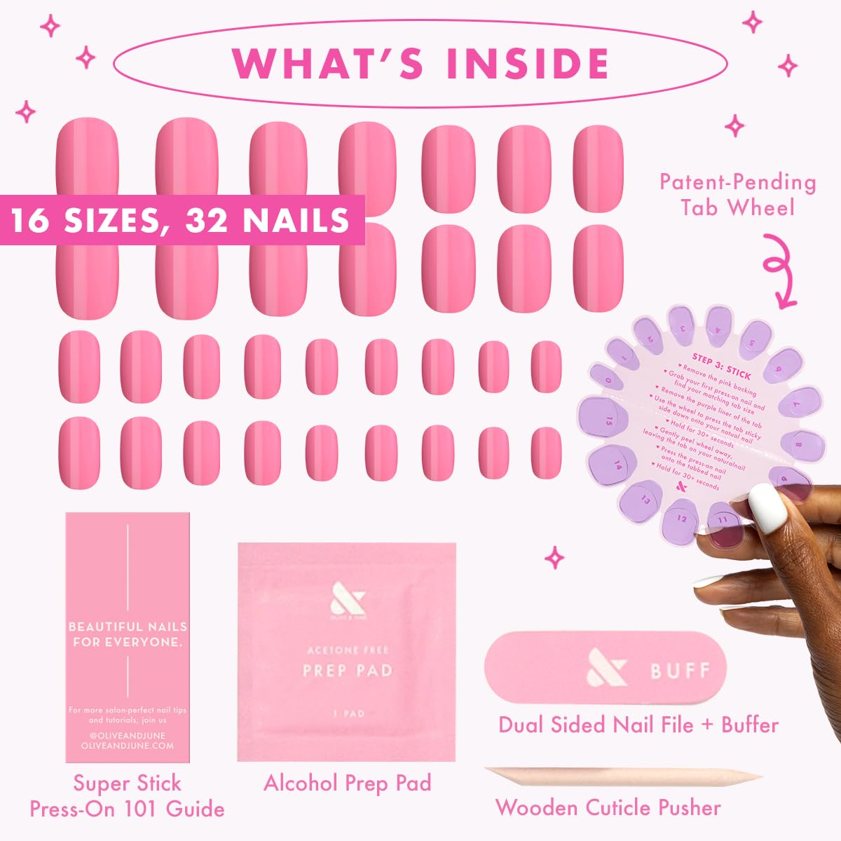 Olive & June Super Stick Press-On Nails, Taffy Bright Pink, Short, Round | No glue needed; 32 non-toxic tab nails in 16 sizes, easy on-off, non-damaging, 7-day wear; salon-quality mani at home