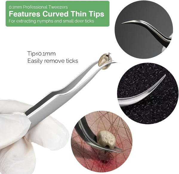 Tick Remover, Tick Removal Tool, Stainless Steel Tick Remover Tool for Dogs/Humans/Cats/Horses, Professional Foam Inserts Tick Remover Set- Includes Tick Tweezers, Tick Fork, Handy Tin, Manual (1 Set)