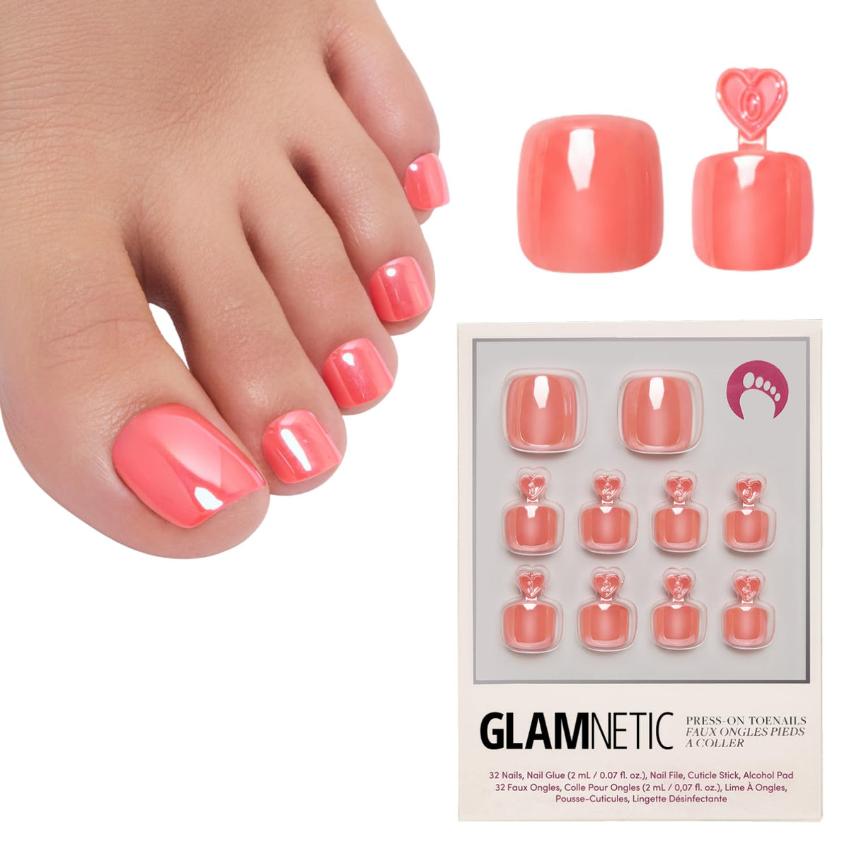 Glamnetic Press On Toenails - Natural Fake Nails | Cherry Red Chrome Press On Toenails, Salon Quality Press On Nails Kit with Glue | Cherry Glaze - 32 Nail Set in 16 Sizes