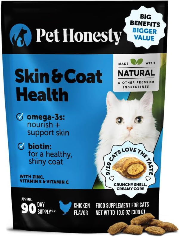 Cat Skin & Coat Supplement Crunchy Creamy Chews - Salmon Oil for Cats Omega 3 Itchy Dry Skin Relief - Feline Shedding Control - Biotin Vitamins for Indoor Cats Shiny Soft Coat (90-Day Supply)