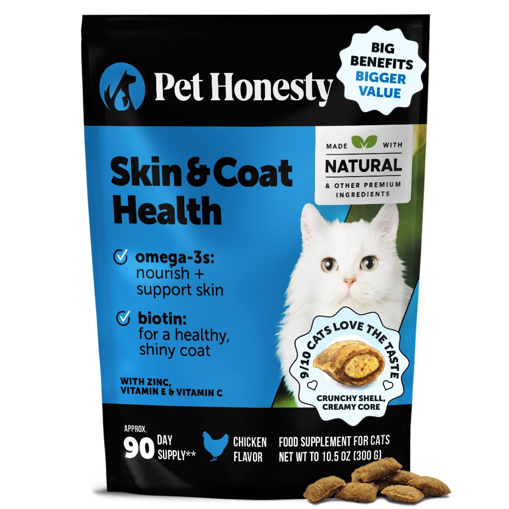 Cat Skin & Coat Supplement Crunchy Creamy Chews - Salmon Oil for Cats Omega 3 Itchy Dry Skin Relief - Feline Shedding Control - Biotin Vitamins for Indoor Cats Shiny Soft Coat (30-Day Supply)