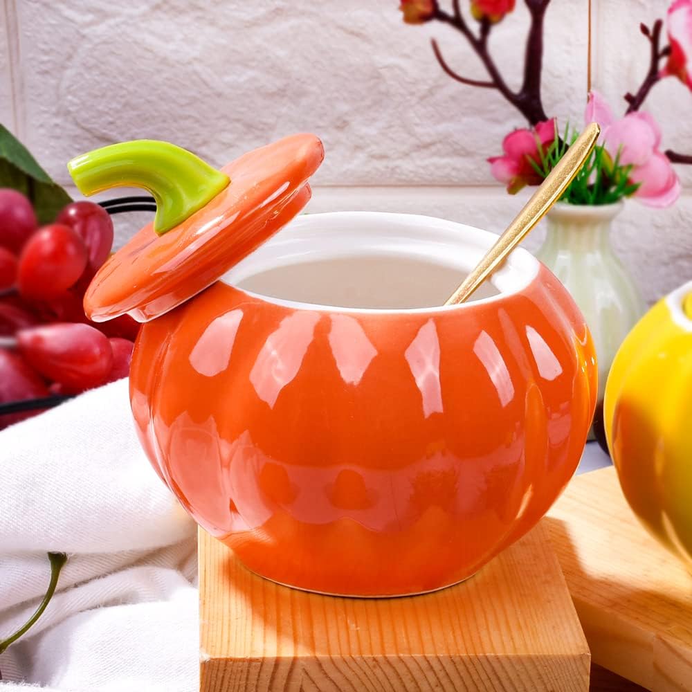 Ceramic Sugar Bowl with Lid and Spoon, 300 ML Pumpkin Shape Spirce Jar