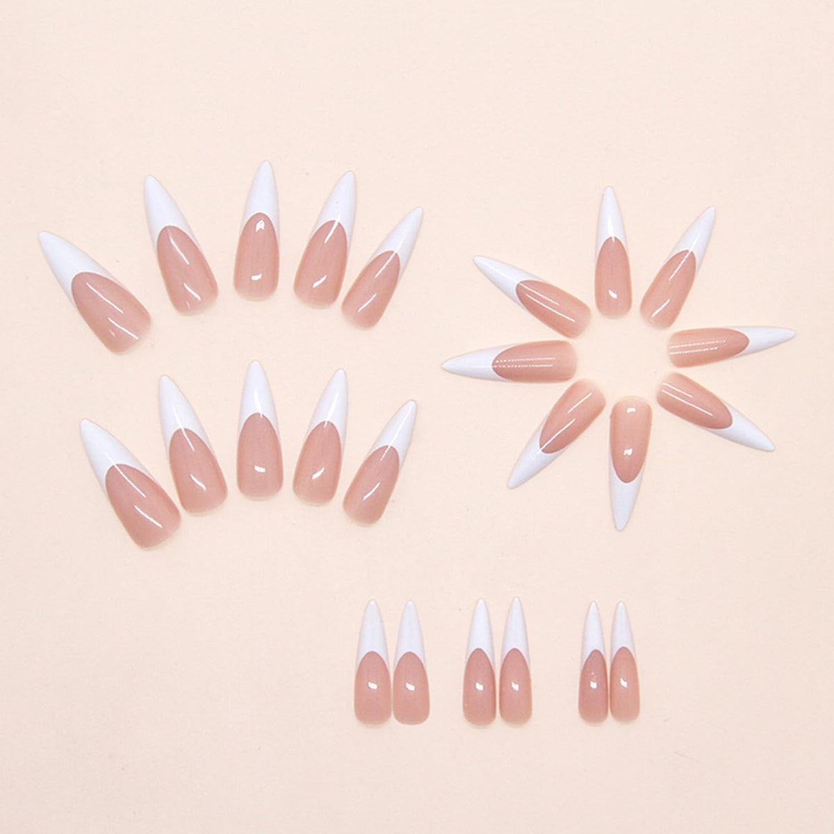 Stilettos Press on Nails White French Tip False Nails Glossy Extra Long Natural Glue on Nail Reusable Artificial Acrylic Stick on Nail for Women