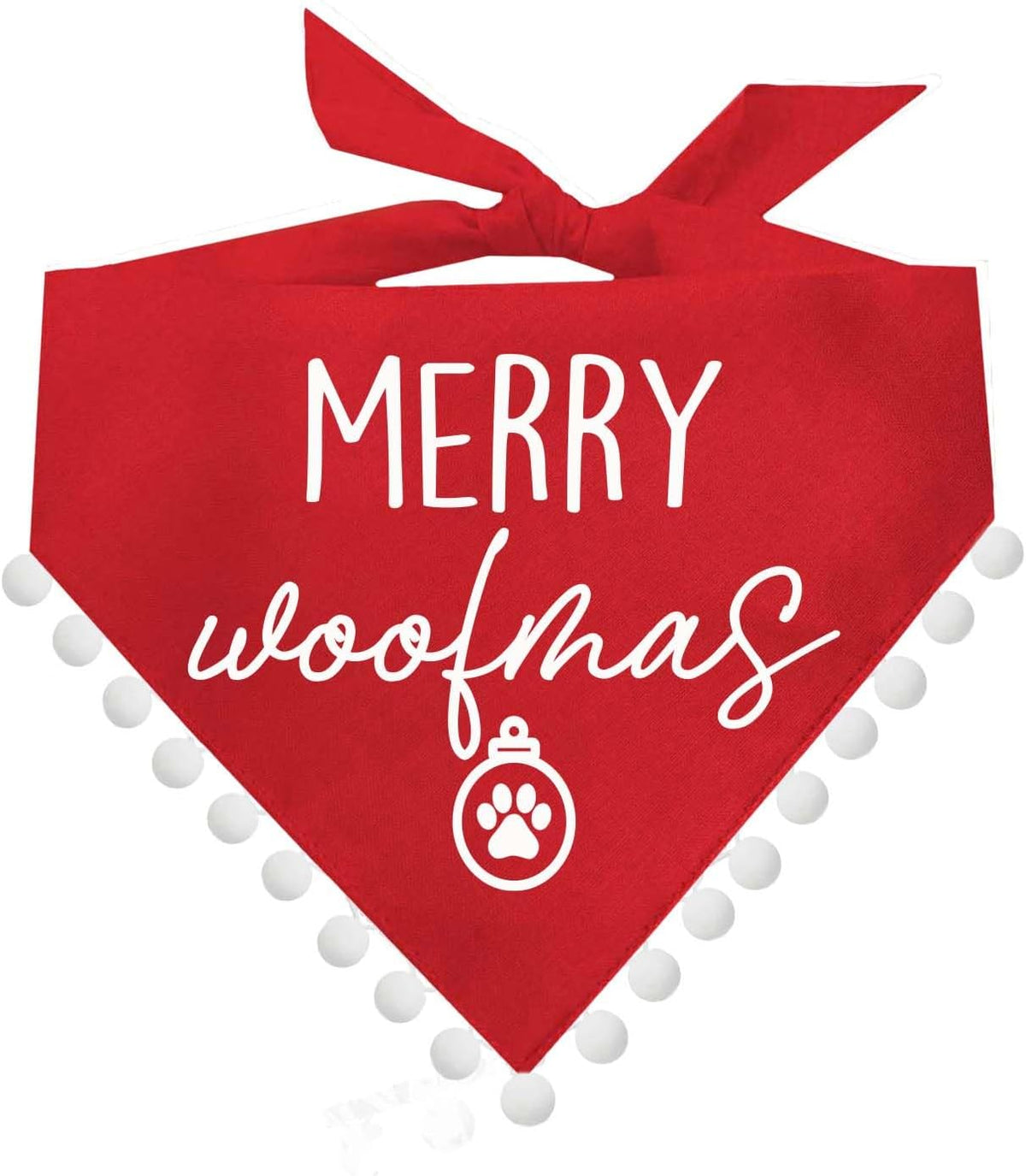 Merry Woofmas Dog Bandana | Pom Poms | 100% Cotton Adjustable Triangle | Made in USA | Christmas | Holiday Season | Winter Wonderland | Gift |Red, Trim 3, One Size (927)